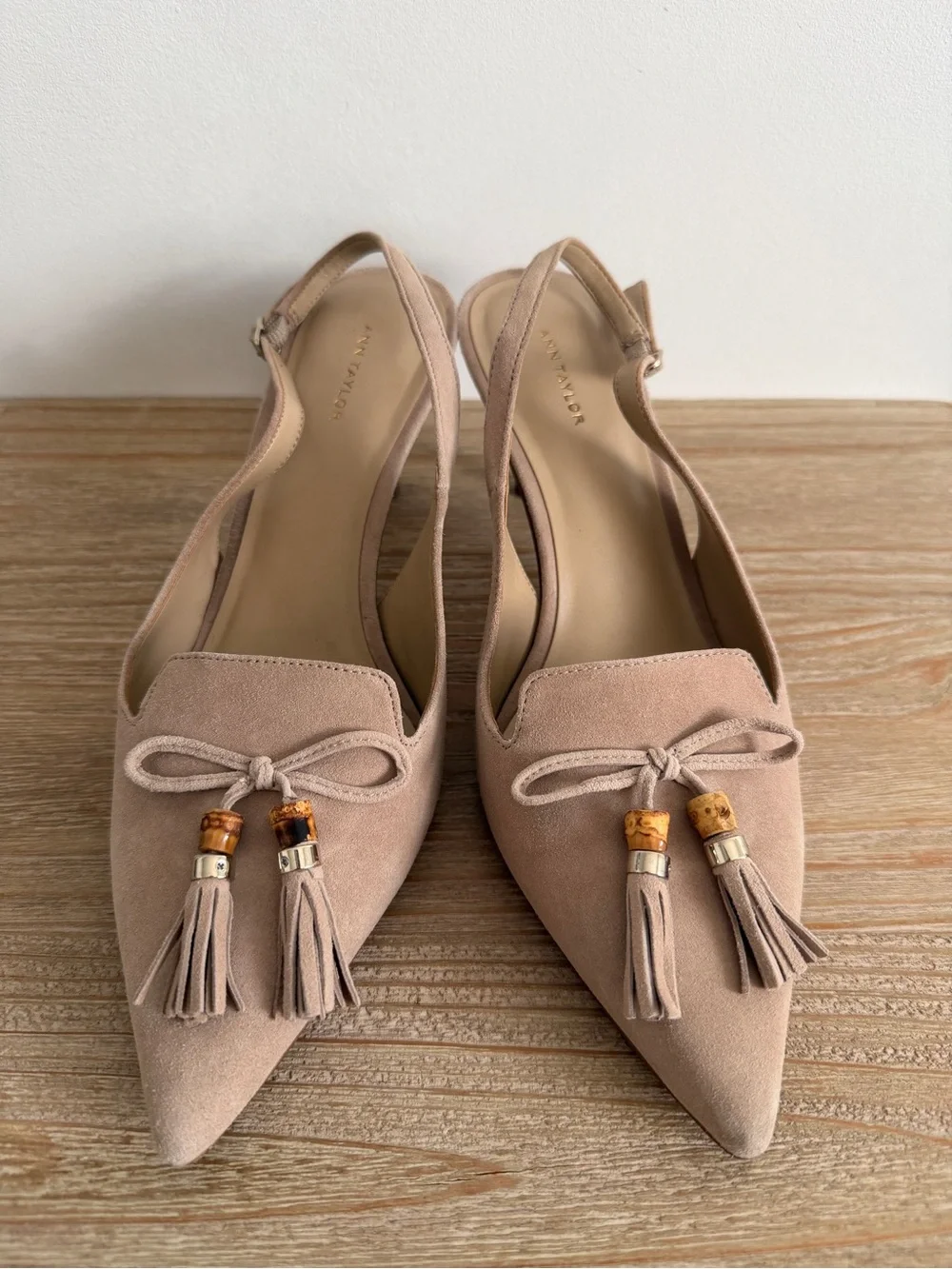 Ann Taylor Beige Suede Slingback Heels with Tassel Detail